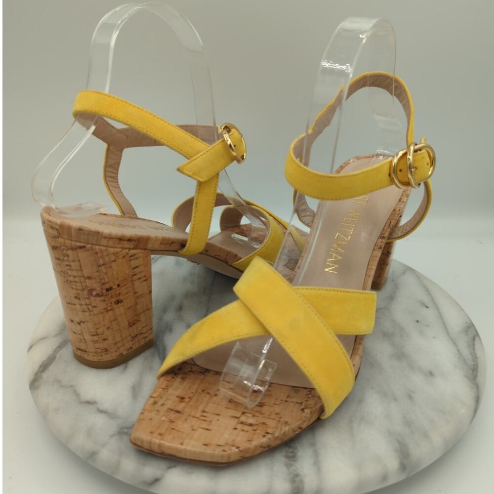 Stuart Weitzman Analeigh Shoes‎ Woman's 10 Sandal Yellow Suede Cork Heel